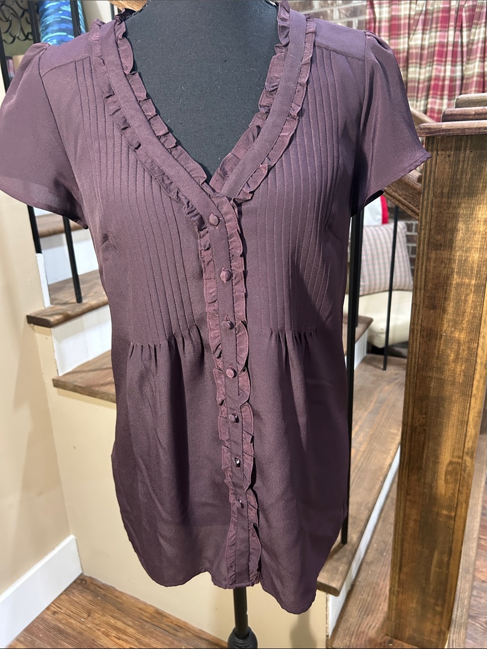 Ann Taylor ladies 2  Plum Ruffle-Trim Pintuck Blouse